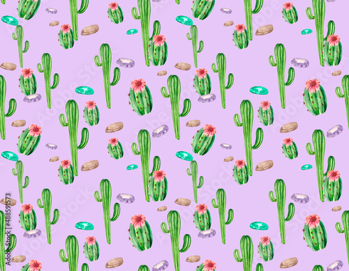 Seamless holiday pattern with green cacti, multicolored stones and pink flowers. Delicious watercolor background for textiles, original Wallpaper and packaging on the theme of the desert and its veget