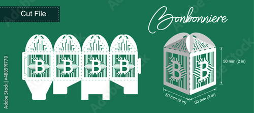 Bonbonniere with bitcoin sign cut file for laser or plotter. Template for chocolate gift box. Crypto currency packaging. Vector illustration. Can be used with glowforge, cricut, silhouette and other