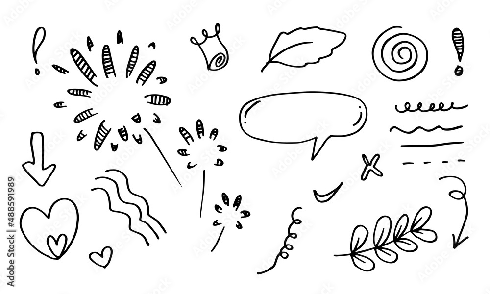 hand drawn set element,black on white background.arrow,leaves,speech bubble,heart,light,king,emphasis,swirl,for concept design. hand drawn set element,black on white background.arrow,leaves,speech bubble,heart,light,king,emphasis,swirl,for concept design.
