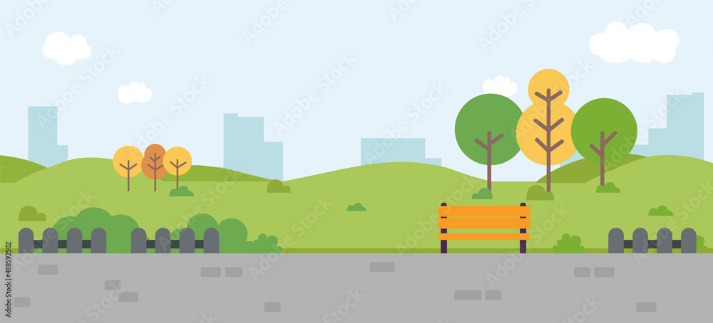 Park Landscape scene vector illustration. Nature with buildings, trees, clouds, and sky.Public park with path in urban Park Landscape scene vector illustration. Nature with buildings, trees, clouds, and sky.Public park with path in urban