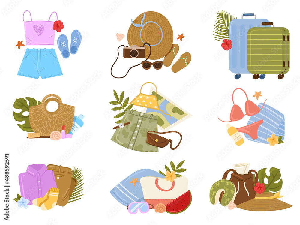 Fototapeta premium Set of travel stuff vector illustration. Various luggage bags, suitcases, cosmetics, clothes. Vacation, holiday. Hand drawn vector set.