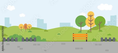 Park Landscape scene vector illustration. Nature with buildings, trees, clouds, and sky.Public park with path in urban