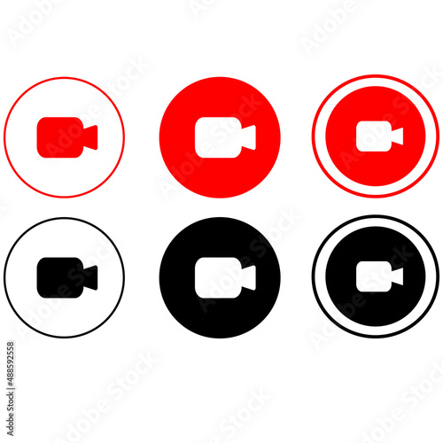 Camcorder icons. Linear, contour. Black red white badges with mirror reflection on white background.  photo