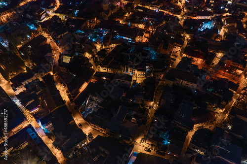 Illuminated streets in the old district aerial