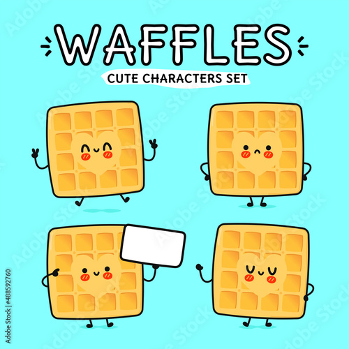 Funny cute happy waffles characters bundle set. Vector kawaii line cartoon style illustration. Isolated on white background. Cute waffles mascot character collection