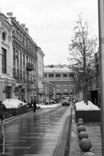 Black and white photography. Panoramic view of Pushechnaya street in the center of Moscow. February 11, 2022. Moscow, Russia.