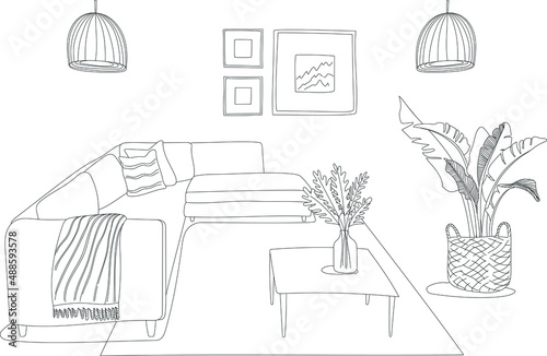 Minimalistic living room interior line art sketch drawing with a sofa, coffee table, and plants in pots and vases. Vector concept illustration of Interior.