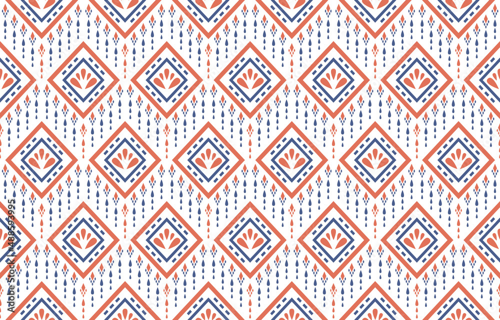 Ethnic design orange blue floral pattern. chevron art design, folk embroidery. Aztec geometric art ornament print. Design for carpet, wallpaper, clothing, wrapping, fabric, cover. Beige background
