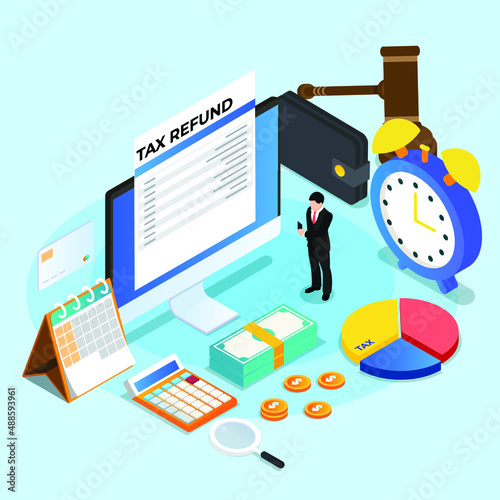 Businessman with tax refund document isometric 3d vector concept for banner, website, illustration, landing page, flyer, etc.