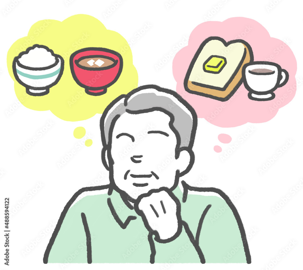 ご飯とパンをイメージし、和食と洋食どちらのメニューにするか迷う中年男性 ご飯とパンをイメージし、和食と洋食どちらのメニューにするか迷う中年男性
