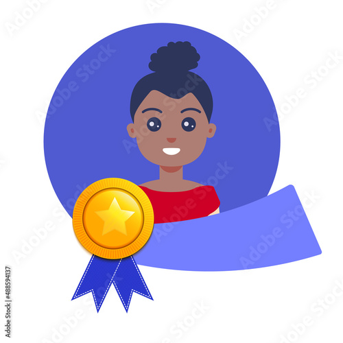 Gold medal for best employee of the month with woman on portrait and ribbon. Star performer medallion for top achievements. Cartoon vector illustration.