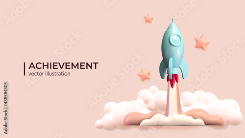 Rocket ship in space around the clouds and stars. Realistic rocket 3d icon. Vector illustration with flying shuttle. Space travel. Spacecraft launch new project start up concept. Vector illustration