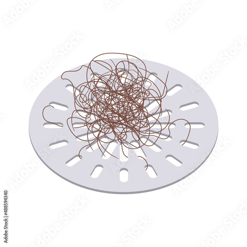 Hair clump stuck in the shower drain grid. Hair fall problem. Alopecia symptom concept. Cleaning washbasin after washing scalp. Isolated cartoon vector illustration