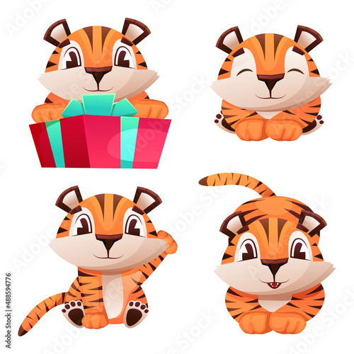 Set of cute little tiger characters with gift box, air balloon, celebrate, jump, stand, smile. Lying tiger, tiger cub with brown stripes, symbol of new 2022 year
