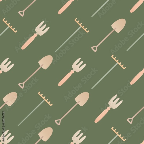 cute spring pattern for kids - gardening tools on a dark green background