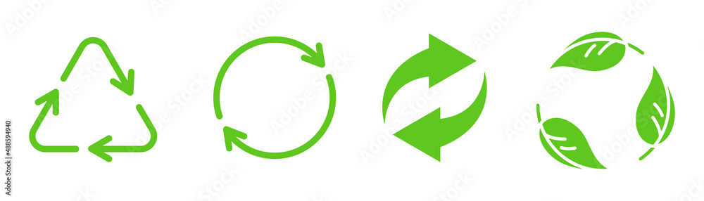 Recycle symbol in green. Recycling arrow. Eco symbol. Green leaf and arrow in circle. Recycle icon set. Leaf illustration. Stock vector illustration Recycle symbol in green. Recycling arrow. Eco symbol. Green leaf and arrow in circle. Recycle icon set. Leaf illustration. Stock vector illustration