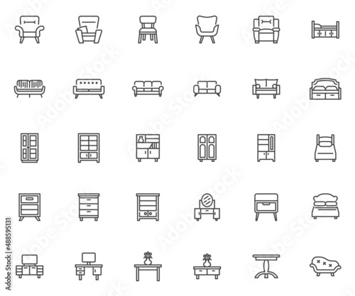 Household furniture line icons set