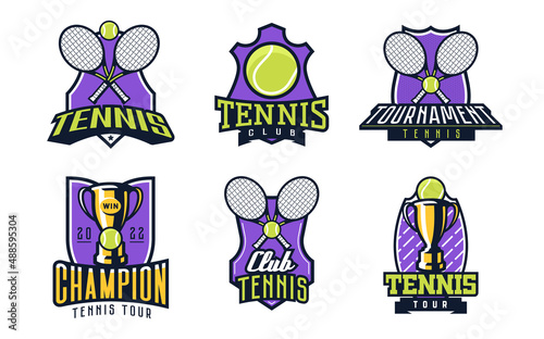 Set of logos, emblems of tennis. Colorful collection of tennis emblems. Logo template for sports tournaments, sports leagues, tours, championship, champion, club. Racket, ball, cup. Isolated vector