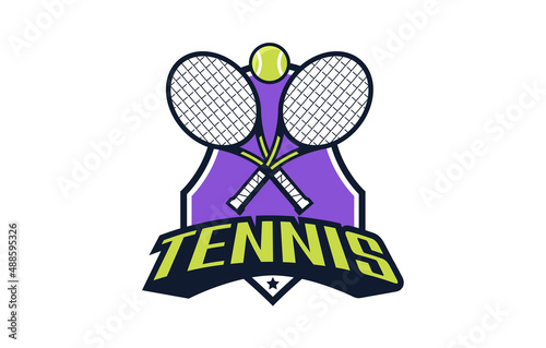 Logo, tennis emblem. Colorful emblem of the ball and rackets on the background of the shield. Sports club, team logo template. Badge, icon, ball, rackets, shield. Isolated vector illustration
