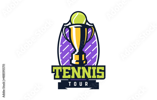 Logo, emblem of the tennis tour. Colorful emblem of the championship cup with a ball on the background of the shield. Tennis sports tournament cup logo template. Isolated vector illustration