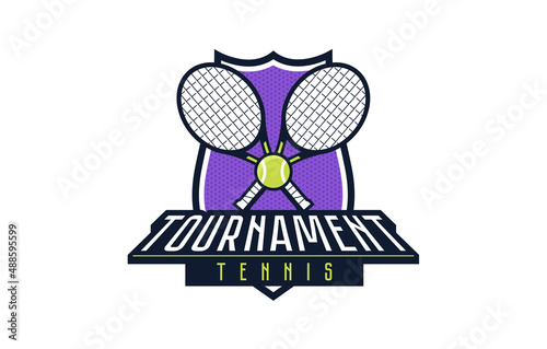 Logo, emblem of the tennis tournament. Colorful emblem of the championship with the ball and rackets on the background of the shield. Tennis sport tournament logo template. Vector illustration