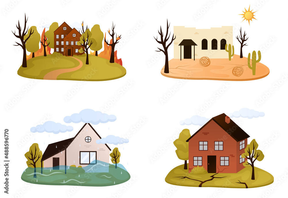 Natural disaster, catastrophe set of vector illustrations with tornado, blizzard, fire, tsunami isolated compositions with various kinds of elemental calamities and catastrophes vector illustration