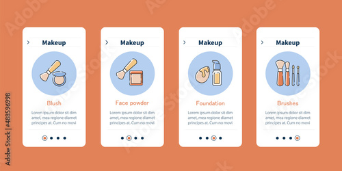 Makeup onboarding mobile app screens. Blush, face powder, foundation and brushes. Cosmetology steps menu. Set of UI, UX, web template with RGB color linear icons