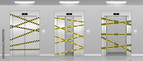 Realistic 3d broken elevators on repair with warning yellow tape. Broken elevators closed for repair or maintenance. Elevators with with closed, opened and half closed doors under repair realistic