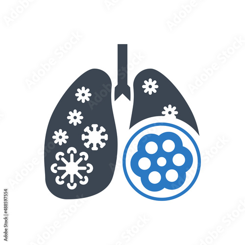 Pneumonia related vector glyph icon. Lungs with alveoli and coronavirus. Pneumonia sign. Isolated on white background. Editable vector illustration