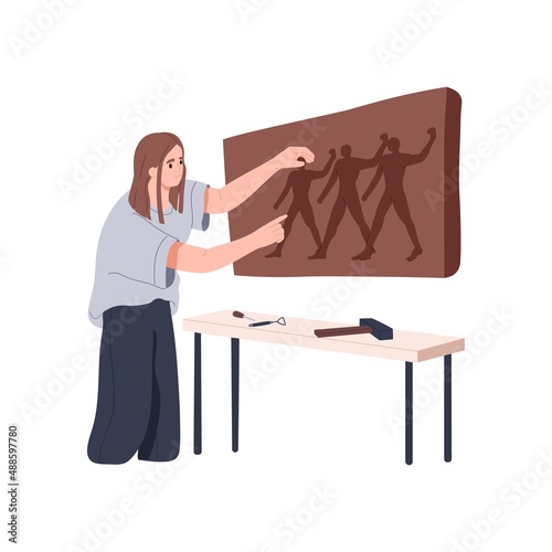 Woman artisan carving on stone plate. Creative craftswoman sculpting, creating art on clay with hammer, tools. Restoration work process. Flat vector illustration of carver isolated on white background