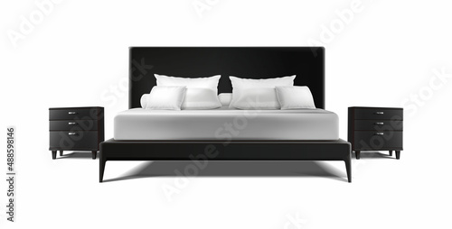 3d realistic vector illustraton. Interior design. King size bed frame with matress, linen and cushons with bedside tables.