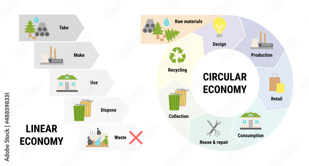 Comparison of linear and circular economy infographic. Sustainable business model. Scheme of product life cycle from raw material to production, using, recycling instead of waste. Flat vector - obrazy, fototapety, plakaty 