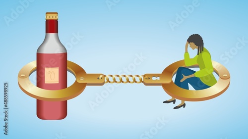 Woman with alchol addiction, trapped to bottle with handcuffs. Horizontal banner