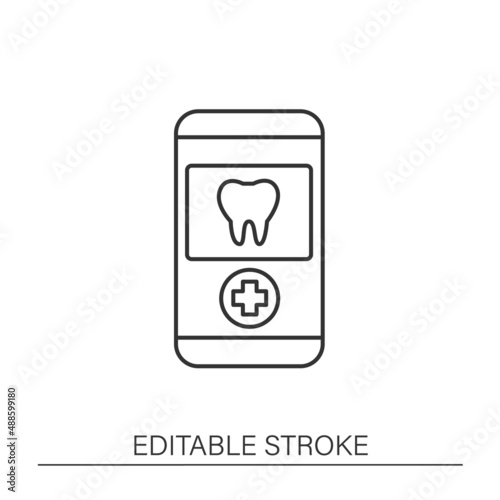 Smartphone application line icon. Telemedicine, health care. Virtual dentist consultation. Dental clinic. Online medical examinations.Telehealth concept. Isolated vector illustration. Editable stroke