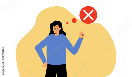 A woman and a mental bubble with the sign of the cross. Disagreement, wrong decision, ban. Vector business illustration, office worker. Vector illustration