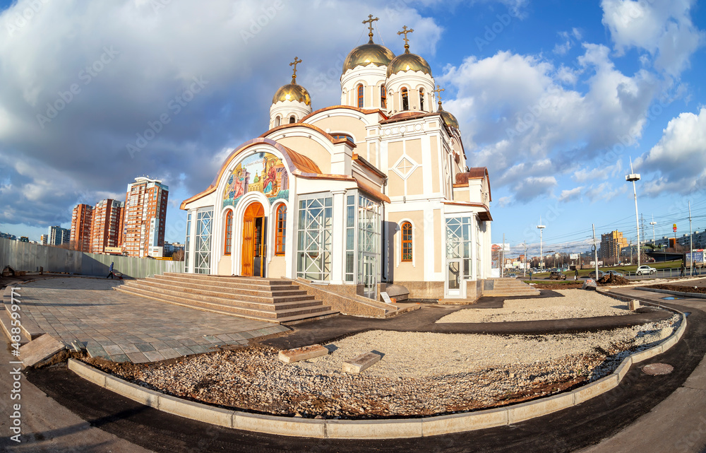 The temple in honor of the Annunciation in summer sunny day, fisheye view