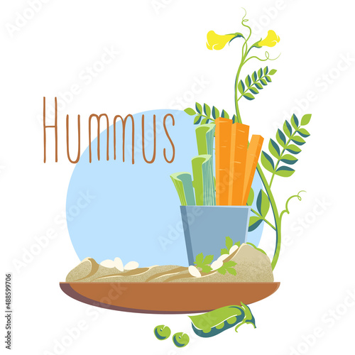 Hummus with carrot and celery slabs on a plate among chickpea leaves. Flat design. Vector illustration