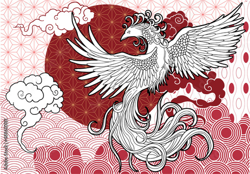 abstract illustration of mythological bird phoenix Fenghuang on different patterns  photo