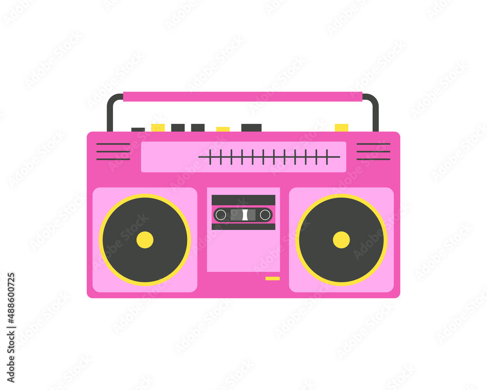 Old fashioned, boombox from 90s, flat vector illustration. - obrazy, fototapety, plakaty 