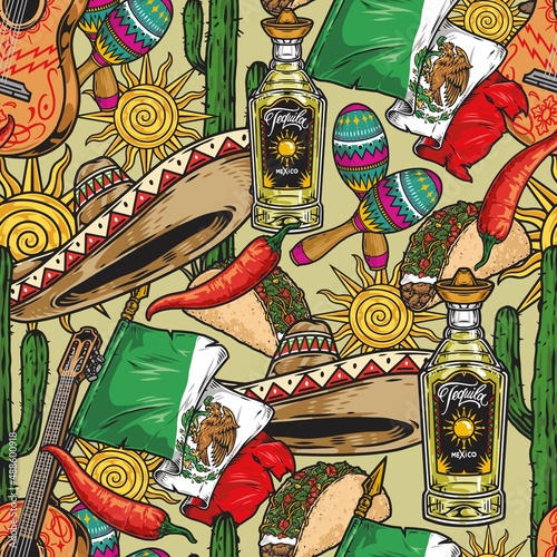 Mexican symbols vintage seamless pattern
