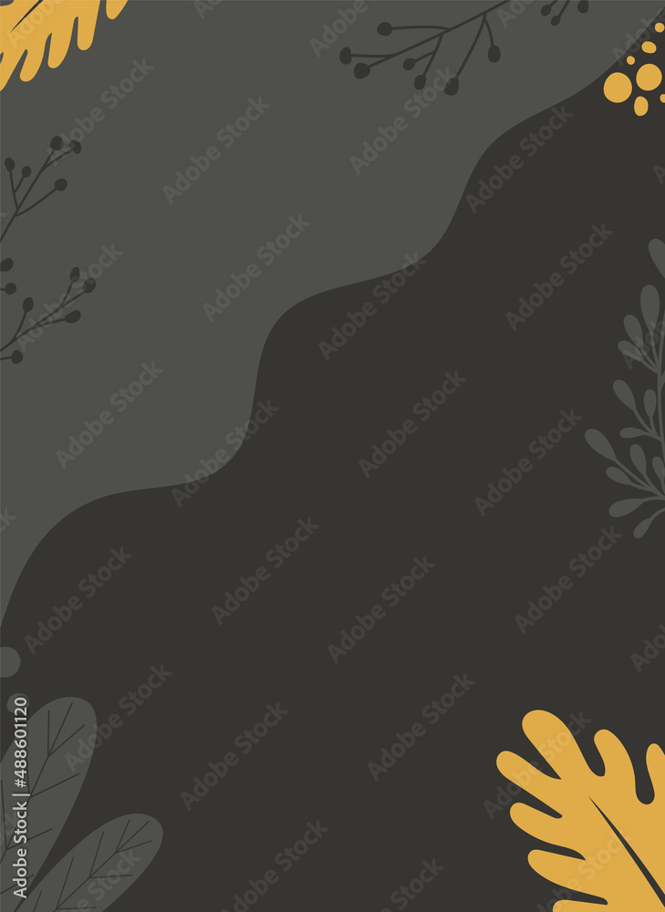 Beautiful dark poster or banner with yellow flowers and leaves for advertising, stories, social networks, vector illustration