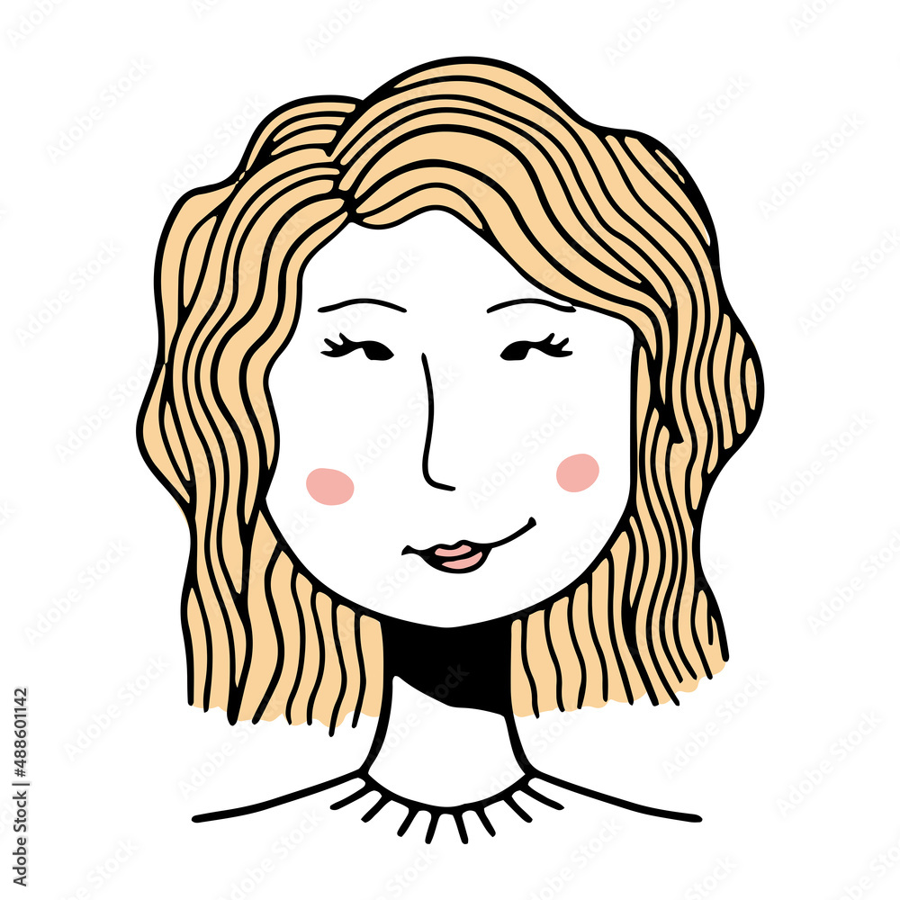 Hand-drawn funny character, doodle people face, young woman face, vector illustration