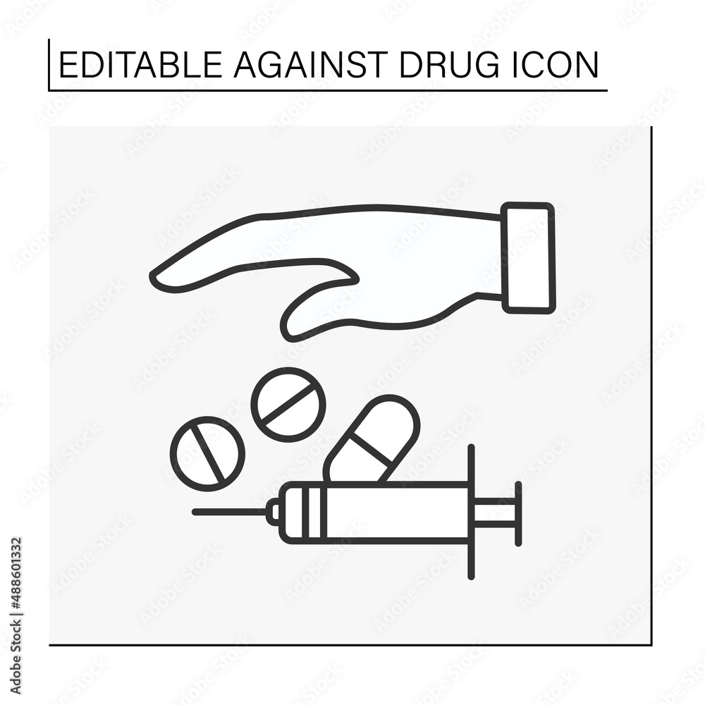 Against drug line icon. Stop narcotic. Get rid of drugs. Unhealthy addiction. Narcotic.Bad habits concept. Isolated vector illustration. Editable stroke Against drug line icon. Stop narcotic. Get rid of drugs. Unhealthy addiction. Narcotic.Bad habits concept. Isolated vector illustration. Editable stroke