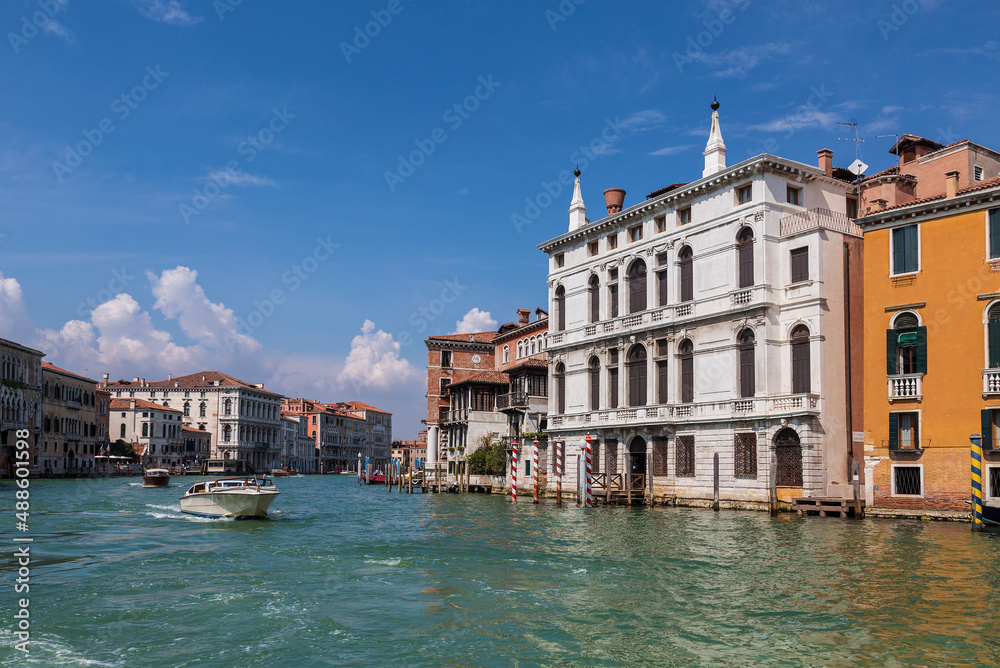 View of the Grand Canal and Palazzo Giustinian Lolin on its banks. Venice, Italy