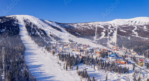 Sheregesh ski lift resort winter, landscape mountain and hotels, aerial top view Russia Kemerovo region