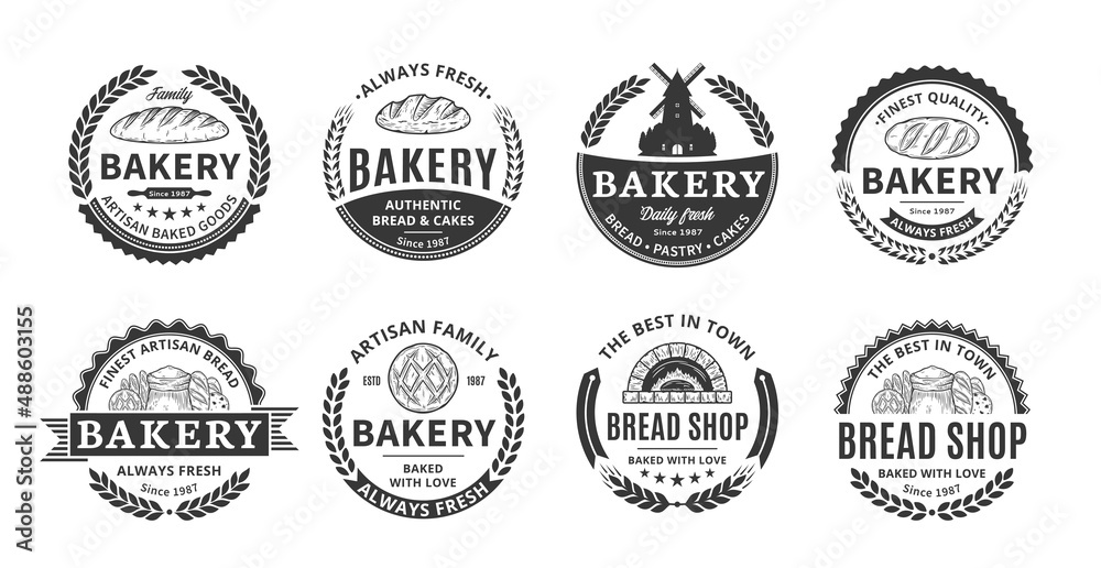 Vector bakery and bread labels, icons and design elements - obrazy, fototapety, plakaty 
