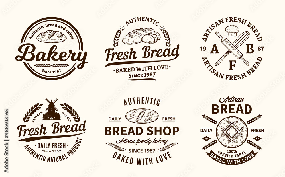 Set of vector bakery and bread vintage logo, badges and icons