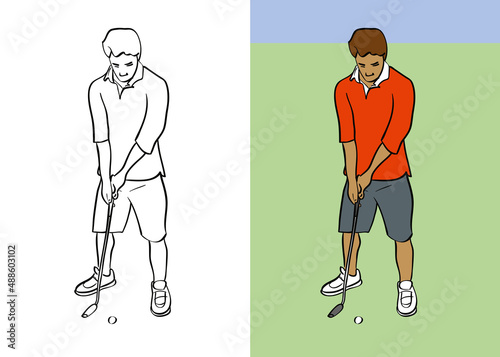 Illustration of a young attractive man in shorts golfing