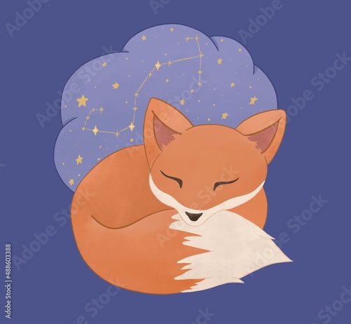 Zodiac for children with cute animals. Fox sleeping and dreaming with a star map. The constellation of Scorpion. Cartoon illustration in pastel colors. Nursery poster.  photo
