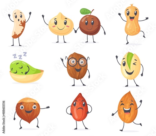 Cute protein nuts. Happy nut cartoon character bean, funny peanut seed, mascot almond vegan food caractere, pistachio emoji coconut face healthy nutrition, neat vector illustration